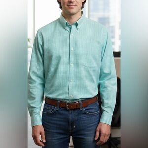 J Crew Shirt Mens L Button Down Long Sleeve Green Check Slim Fit Flex Washed